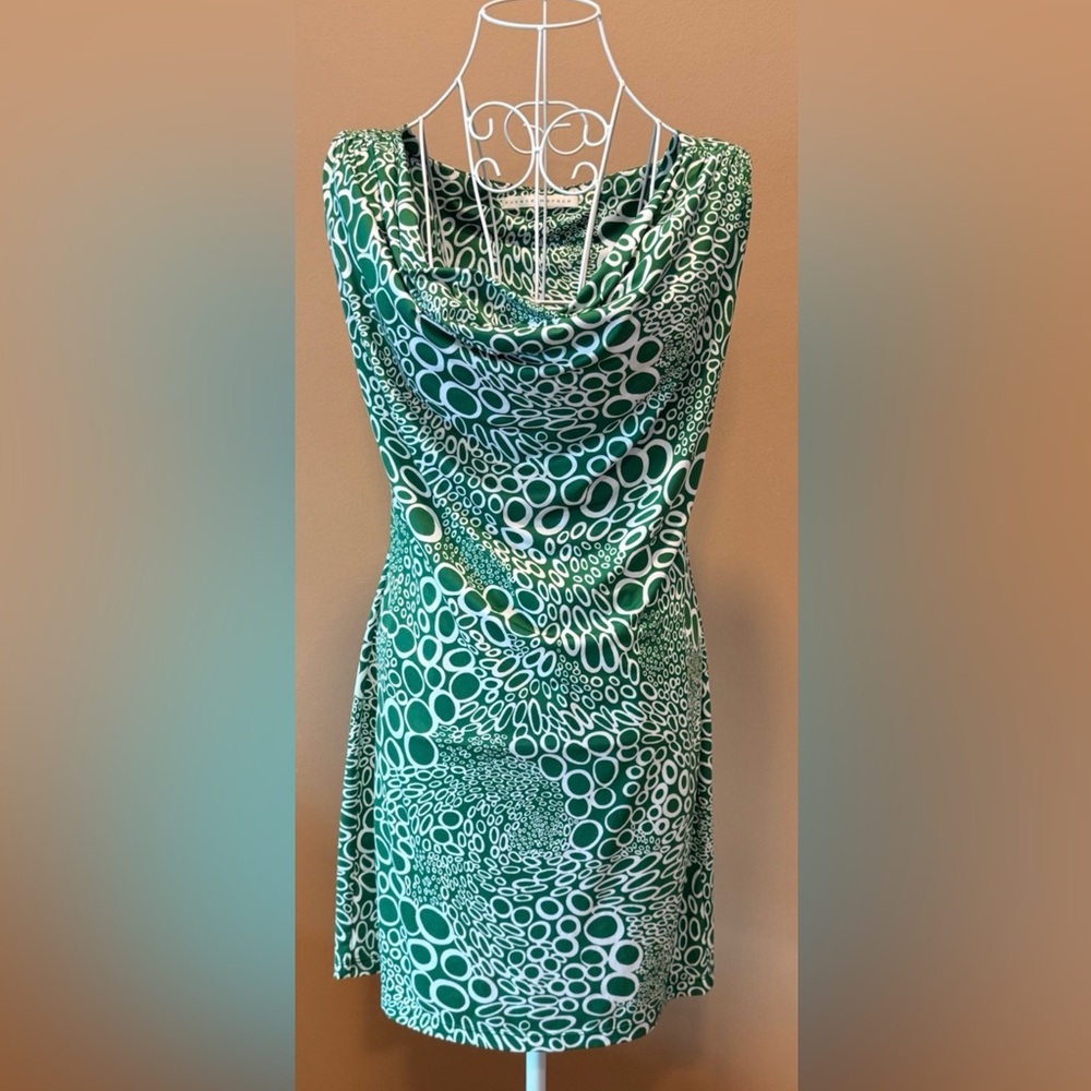 Susana Monaco Green Abstract Print Mini Dress Size Small Cowl Neck Sleeveless